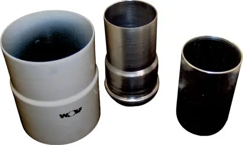 Drei verschiedene Adapter mit unterschiedlichen Durchmessern, aus Kunststoff und Metall, mit einer erkennbaren Marke "Wolf" auf der Seite des weißen Adapters.